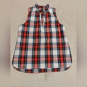 J. Crew Size 2 White Red Blue Tartan Plaid Ruffle Neck Sleeveless Top Blouse